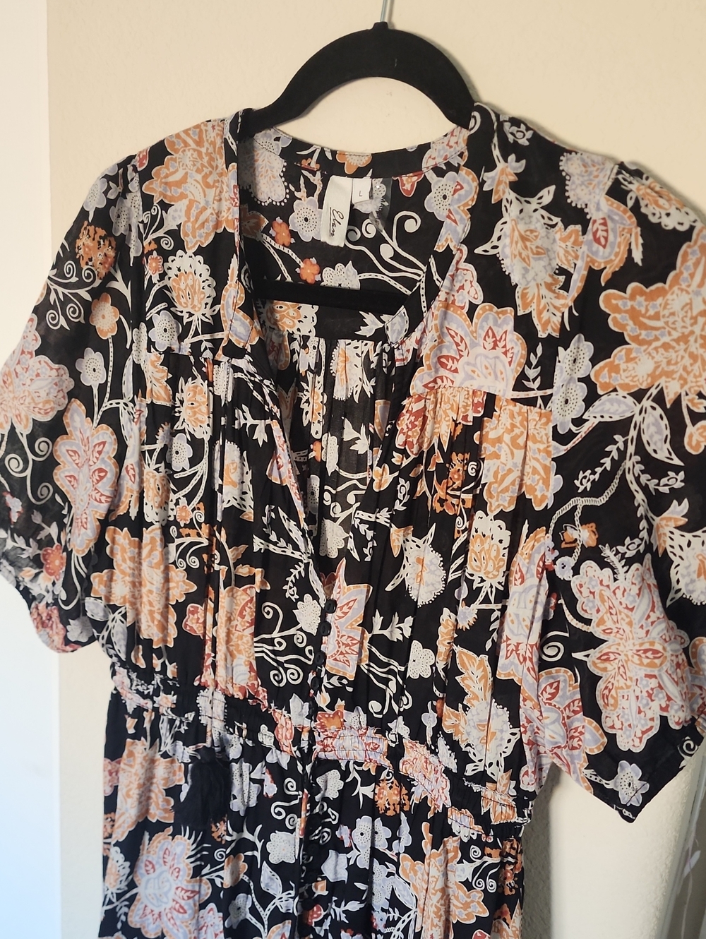 Elan Black Floral/Paisley Midi Dress with Pink and Peach Accents L